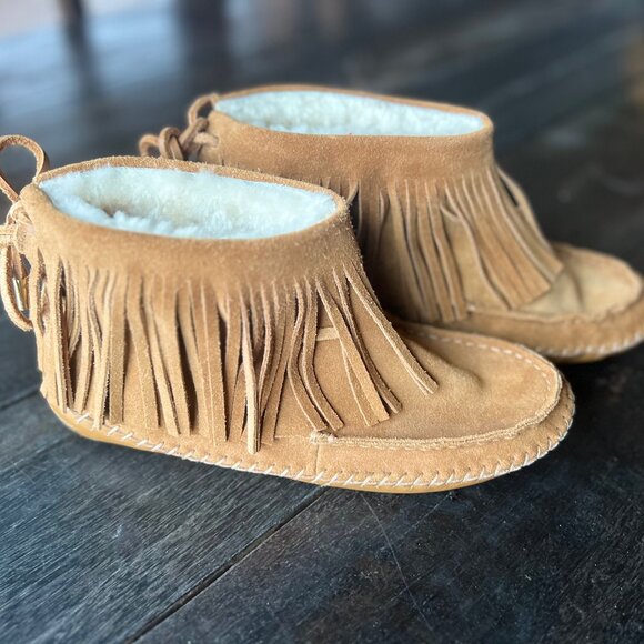 Tory Burch Suede Collins Moccasin Booties w/ Fringe (size: 8, color: tan/brown) - Picture 1 of 3